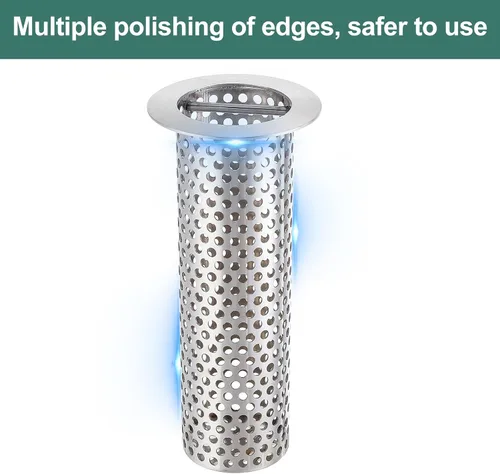 Miniatura 6 de Colador de drenaje comercial de piso, 3 1/2 pulgadas de diámetro de labio x 4 pulgadas de alto, malla cilíndrica perforada 316 de acero inoxidable