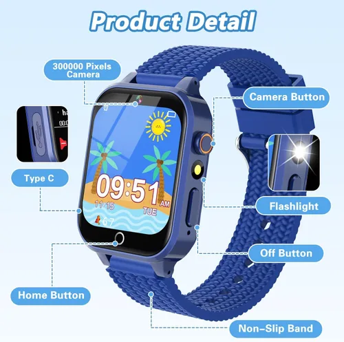 Miniatura 7 de Reloj inteligente para niños, regalo para niños de 3 a 12 años, 2 protectores de pantalla, 26 juegos de rompecabezas, cámara HD, video, reproductor