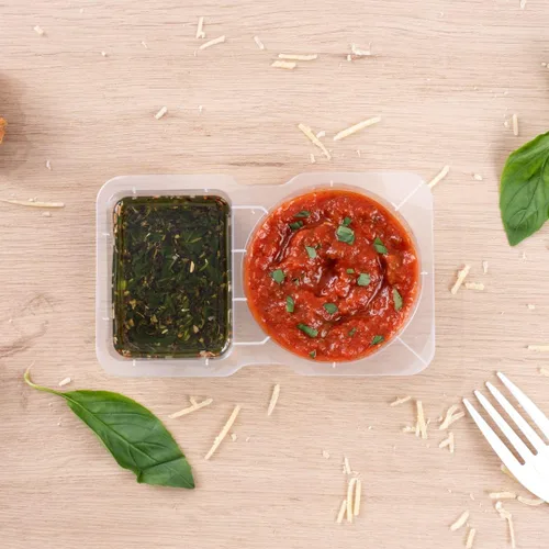 Miniatura 4 de Futura - Recipientes para aperitivos de 5 onzas, 100 recipientes para salsa para microondas, 2 compartimentos, tapa con bisagras, vasos de plástico