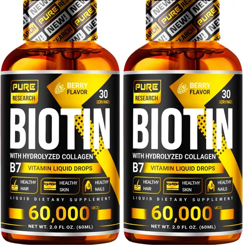 PURE RESEARCH Biotina y Colágeno 60,000mcg Gotas Líquidas para el Crecimiento del Cabello, Apoya: Uñas Fuertes, Piel Radiante, Crecimiento Saludable