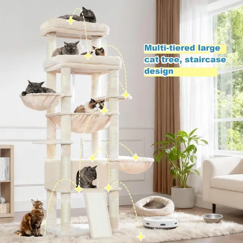 Miniatura 8 de Hey-brother Torre de árbol para gatos, postes rascadores con plataforma y cesta extra grande, condominio especial, 2 hamacas acogedoras, tabla