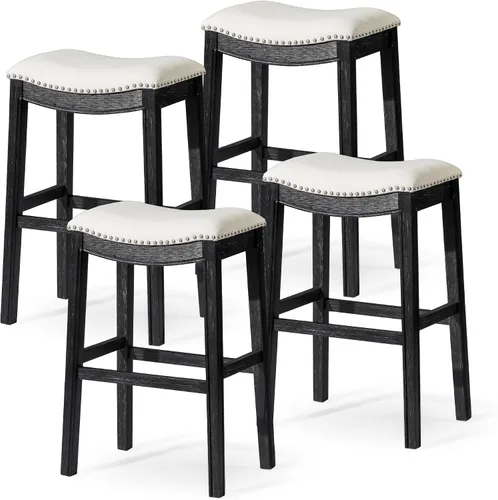 Miniatura 18 de Maven Lane Adrien Taburete de bar sin espalda, asiento de silla de montar de 31 pulgadas con reposapiés, marco de madera maciza gris y tapicería