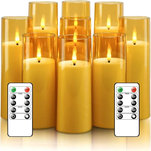 kakoya Velas parpadeantes sin llama que funcionan con pilas con control remoto y temporizador de 2/4/6/8 horas, velas LED de acrílico, paquete de 9