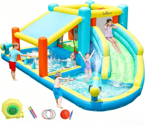 Miniatura 11 de Tobogán acuático inflable para patio trasero de niños, casa de rebote con tobogán acuático, casa inflable para parque acuático inflable para húmedo
