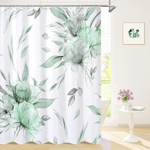 Miniatura 14 de Litabel Cortina de ducha bohemia con estampado floral de acuarela azul y gris, estilo de pintura de tinta, cortinas de ducha de flores y hojas