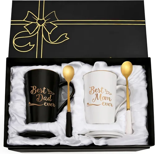 Miniatura 8 de YHRJWN Best Dad and Mom Marble Ever - Juego de tazas de café con caja de regalo, posavasos y cuchara para Navidad, cumpleaños, regalo para padres