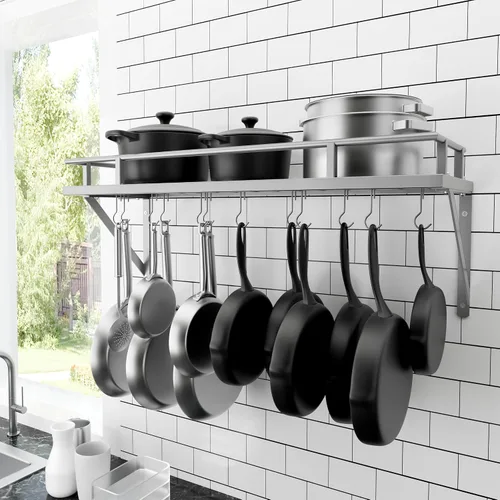Miniatura 12 de KES Estante para ollas de cocina de 24 pulgadas montado en la pared, organizador de almacenamiento con ganchos, estante de pared en mate negro