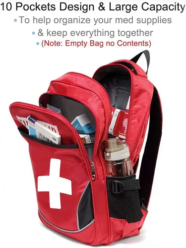 Miniatura 6 de Bolsa de primeros auxilios vacía roja bolsa médica de emergencia para primeros auxilios, mochilas de trauma con múltiples bolsillos para viajes, rojo