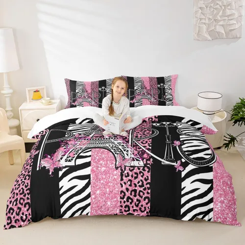 Miniatura 25 de Juego de funda de edredón para niños, tamaño individual, diseño de cebra y leopardo con purpurina, decoración de habitación para niñas y mujeres
