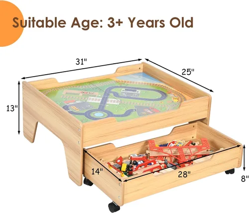 Miniatura 6 de HONEY JOY Mesa de tren, mesa de actividades de madera para niños con cajón de almacenamiento, 100 piezas multicolores, pistas, trenes, autos, juego