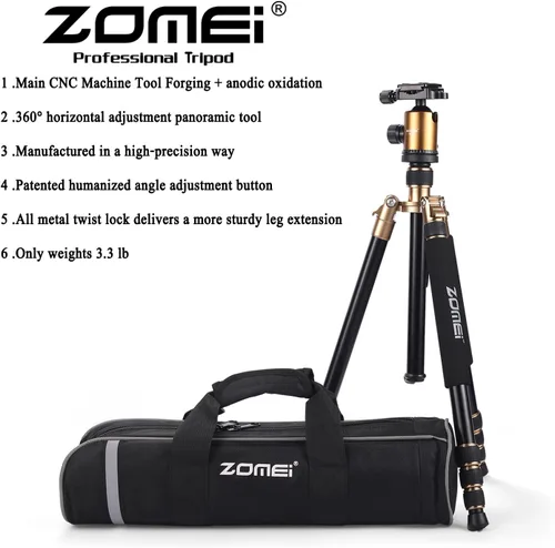 Miniatura 8 de Trípode monopié portátil de aluminio profesional ZOMEi Z818, de 65 pulgadas, con cabezal esférico de 360 grados, placa de liberación rápida de 1/4