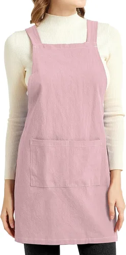 Miniatura 13 de ELEZAY Delantales para mujer con bolsillos, talla grande, cómodo, espalda cruzada, sin lazo, delantal de lino y algodón Marrón