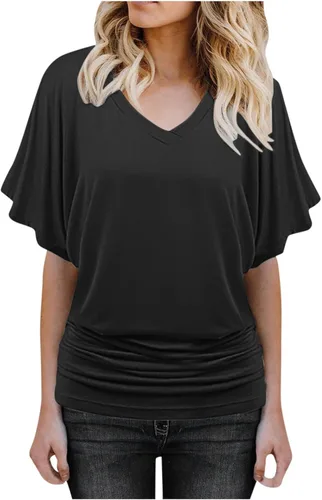 Blusa de manga corta para mujer, manga corta, para verano, 2022, manga murciélago, casual, color liso, blusa