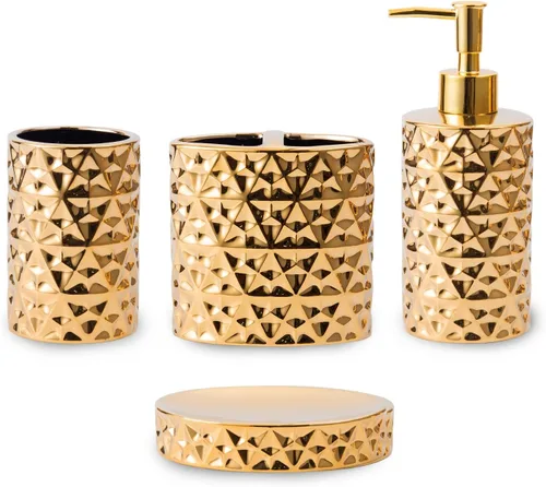 Juego de accesorios de baño dorados de 4 piezas de cerámica para apartamentos, incluye dispensador de jabón, soporte para cepillos de dientes, taza
