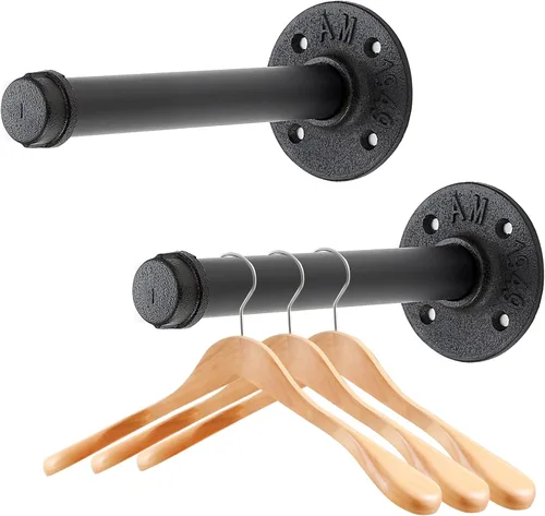 Miniatura 11 de Perchero flotante de tubo industrial negro de 6 pulgadas montado en la pared, estante de ropa resistente para colgar, barra de colgar multiuso