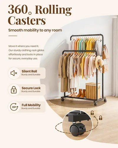 Miniatura 6 de Delamu Perchero de doble barra para colgar ropa con ruedas rodantes, ganchos, perchero de metal, perchero portátil con estantes para dormitorio