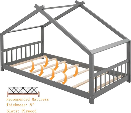Miniatura 5 de Bellemave Montessori - Cama de suelo tamaño individual, marco de cama individual con cabecero, estribo, cama Montessori de madera con listones