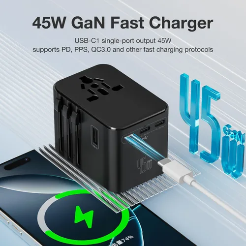 Miniatura 3 de Adaptador de viaje universal de 45 W - Enchufe compacto con 3 puertos USB-C y 2 puertos USB-A para UE/Reino Unido/US/AU, adaptador de corriente Azul