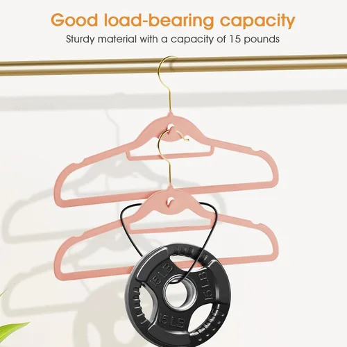 Miniatura 4 de Perchas de terciopelo resistentes para ropa, paquete de 20 unidades, color rosa claro, delgadas, apilables, antideslizantes, con gancho dorado
