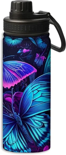 Miniatura 15 de Botella de agua deportiva a prueba de fugas con diseño de conejito junto a flores lilas, 18 onzas, de acero inoxidable duradero de doble pared