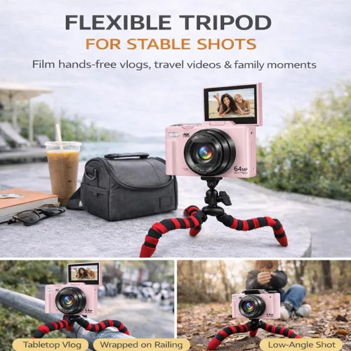 Miniatura 4 de Cámara digital 4K 64MP Vlogger Essentials Kit con trípode flexible, funda de transporte, lente gran angular, pantalla abatible de 180°, WiFi, zoom