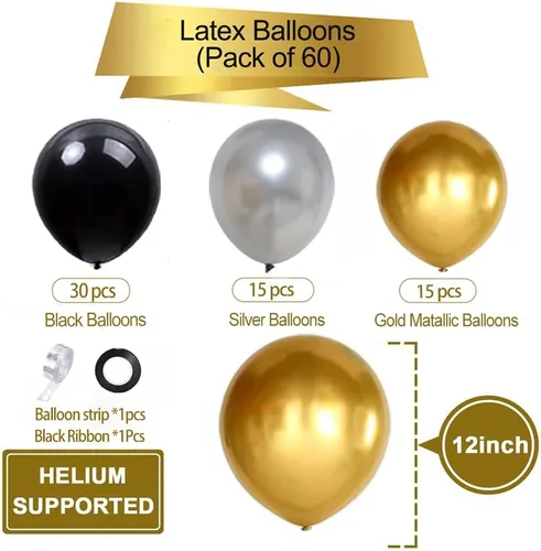 Miniatura 4 de Juego de 60 globos de color negro dorado y plateado, 60 globos metálicos cromados dorados y plateados de 12 pulgadas para cumpleaños, boda