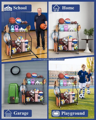 Miniatura 6 de Organizador de almacenamiento de equipos deportivos con ruedas rodantes, carrito de almacenamiento de pelota de garaje para baloncesto, fútbol