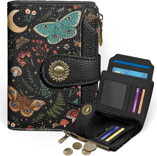 Miniatura 10 de Icycay Cartera pequeña para mujer, plegable con bloqueo RFID, soporte para tarjetas de crédito, bolsillo con cremallera para monedas, piel