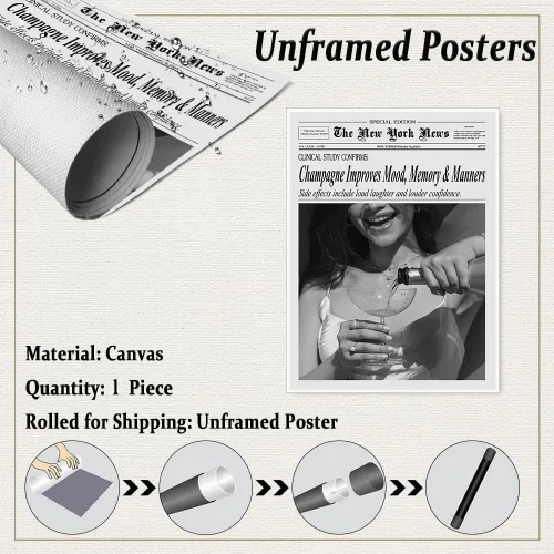 Miniatura 2 de Póster de periódico Champagne and Headlines, impresión retro para decoración de carrito de bar, dormitorio universitario feminista, arte de pared