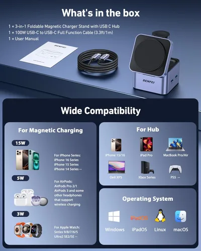 Miniatura 9 de BENFEI Soporte de cargador MagSafe plegable 3 en 1 con concentrador USB C, estación de carga inalámbrica para iPhone 16/15/14/13/12, Apple Watch