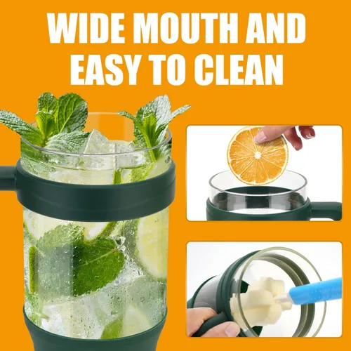 Miniatura 6 de Tronco Vaso de vidrio de 32 onzas con popote y tapa, tapa con popote 2 en 1 a prueba de fugas, botellas de agua de vidrio con asa, apto para Rosa
