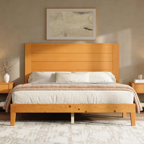 Miniatura 10 de AMERLIFE Base de cama tamaño Queen con cabecera de 48 pulgadas de alto, cama de plataforma de madera maciza moderna de mediados de siglo con sistema
