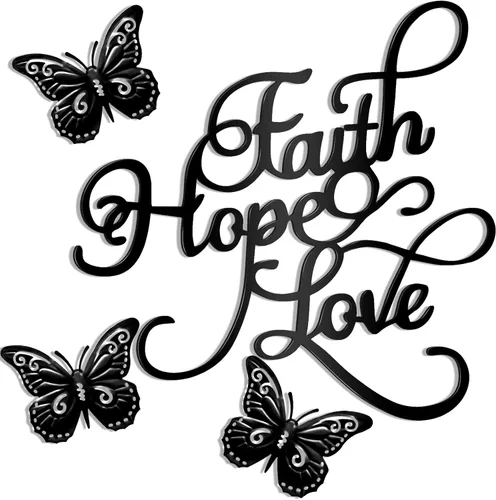 Moxweyeni 4 piezas de decoración de pared de metal con texto en inglés «Faith Hope Love» («Faith Hope Love») con letras negras inspiradoras, arte de