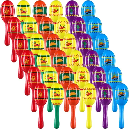 Miniatura 7 de Hungdao 36 piezas de mini maracas de madera para fiestas mexicanas a granel, 6 diseños de maracas de madera para fiestas de fiesta de Cinco de Mayo