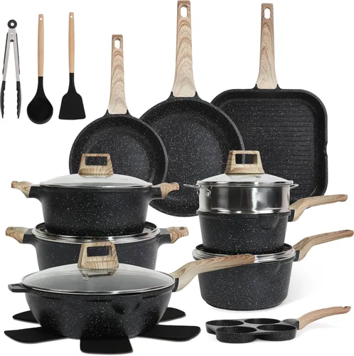 Juego de ollas y sartenes antiadherentes de 23 piezas, juego de utensilios de cocina de granito, sin PFOA, incluye sartenes, cacerolas, plancha,