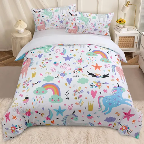 Miniatura 24 de BEDMUST Funda de edredón de unicornio tamaño individual, suave y lindo juego de ropa de cama de unicornio rosa con hojas de flores y pájaros azules