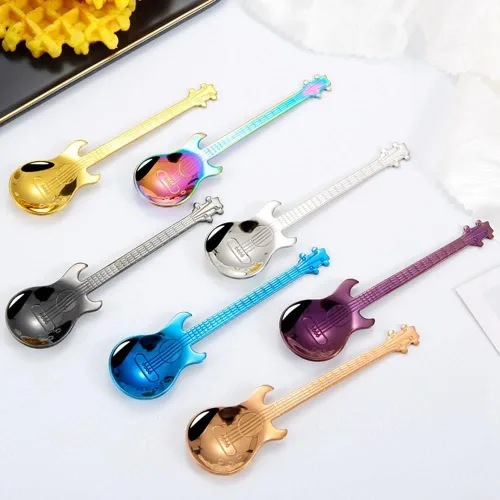 Miniatura 6 de Cuchara de café Cuchara de oro Herramienta creativa para beber de acero inoxidable Vajilla en forma de guitarra Negro Cubiertos (Plata)