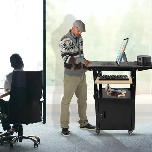 Miniatura 6 de Carrito AV mejorado, carrito AV de acero de altura ajustable con gabinete de bloqueo y bandeja de teclado extraíble, carrito de medios rodantes
