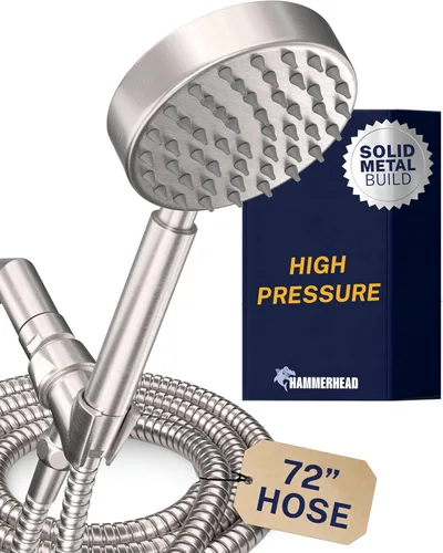 HammerHead Showers® Cabezal de ducha de mano de metal sólido con manguera y soporte de latón, níquel cepillado, cabezales de ducha de alta presión
