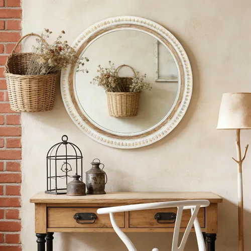 Miniatura 2 de Espejo de pared redondo de 24 pulgadas, espejo bohemio con cuentas de madera blanca envejecida, espejo decorativo de granja para dormitorio, sala