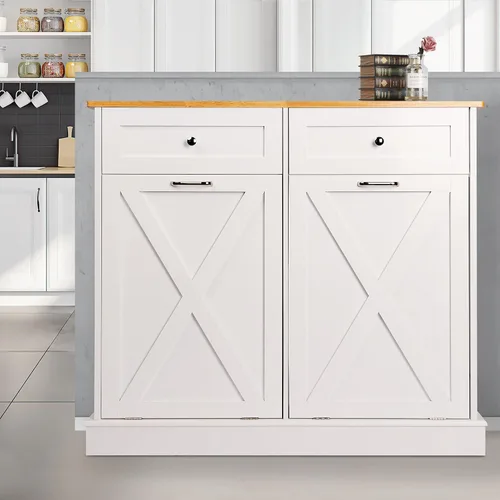 Miniatura 8 de TOLEAD Gabinete de basura oculto de madera de 10 galones con parte superior y cajón de madera maciza, contenedor de basura de cocina de granja