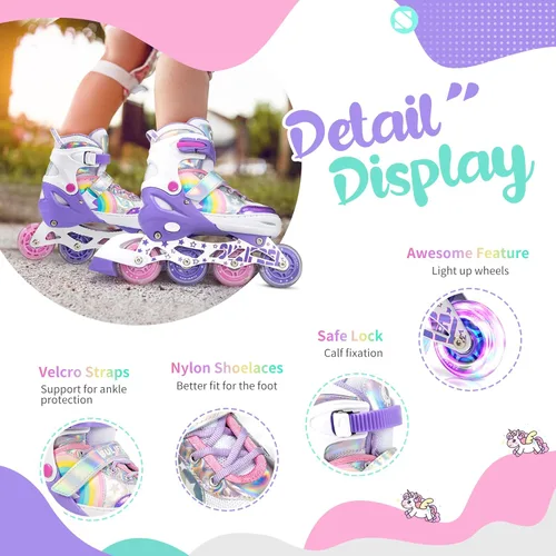 Miniatura 3 de SULIFEEL Patines en línea de unicornio arcoíris para niñas y niños, 4 tamaños, ajustables, con ruedas iluminadas, para niños principiantes b púrpura