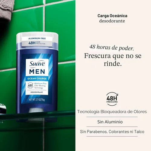 Miniatura 2 de Suave Desodorante antitranspirante Ocean Charge para hombre, sin aluminio, para protección contra olores y humedad durante 48 horas, 2.7 onzas