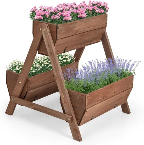 Giantex Cama de jardín vertical elevada, 3 cajas de madera para flores, verduras, frutas y hierbas, maceta de jardín independiente con agujeros de