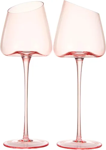 Khen Copas de vino rosa, regalo | Juego de 2 | Cristalería inclinada de 18 onzas color rubor rosa, vidrio de tallo alto, regalos para esposa, novia,