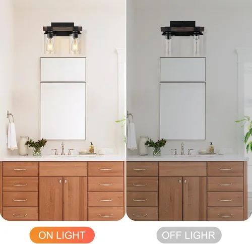 Miniatura 6 de Lámpara de Baño Estilo Granja de Madera Negra, Iluminación de Tocador de 2 Luces, Aplique de Pared de Madera, Accesorio de Pared Industrial Rústico