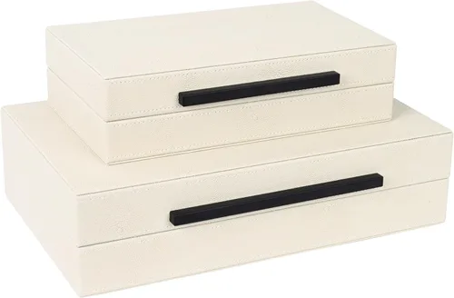 Miniatura 8 de Juego de 2 cajas de almacenamiento decorativas beige con acabado de shagreen, cajas de joyería y recuerdos de piel sintética con asas de metal Negro