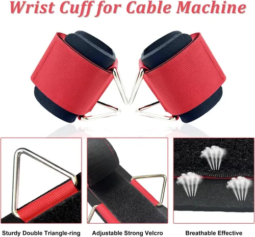 Miniatura 4 de Paquete de 2 muñequeras para máquina de cable, acolchado de neopreno ajustable, talla única, correas de muñeca de fitness para hombres y mujeres Rojo