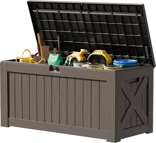 Miniatura 17 de JUMMICO Caja de resina de 31 galones, cajas de almacenamiento impermeables para interiores y exteriores para muebles de patio, cojines y Negro