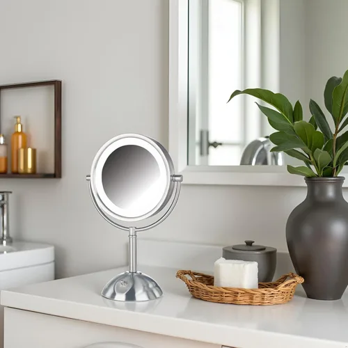 Miniatura 6 de JERDON Espejo de maquillaje de mesa con luces, aumento de 1X/8X, espejo de tocador de níquel de 8.5 pulgadas, modelo HL8808NL